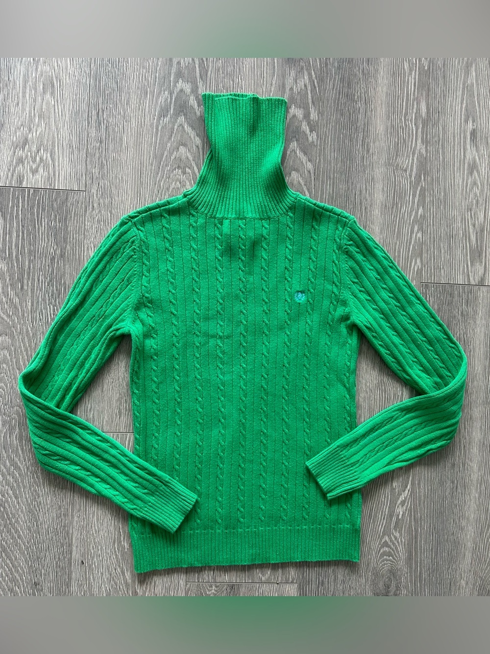 Izod Women's Cable Knit Ribbed Turtleneck Green Sweater Size Small
